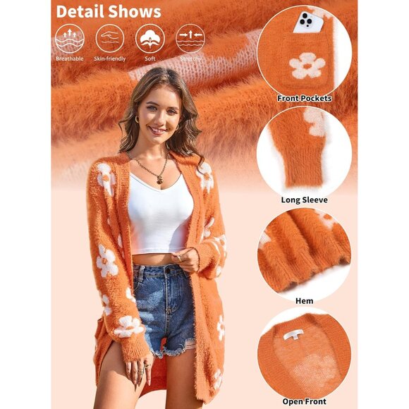 Women's Wool Blend Long Cardigan Sweater with Floral and Stripes Casual Wear - Picture 5 of 8